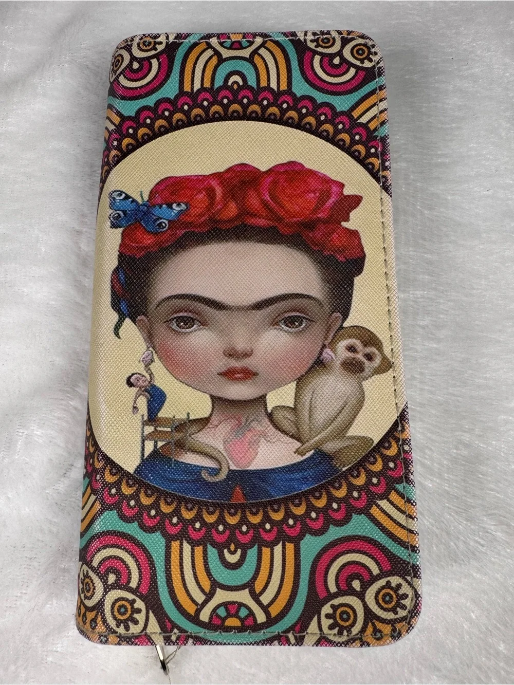 Frida Kahlo Inspired Zipper Wallet — Multicolor Floral Portrait